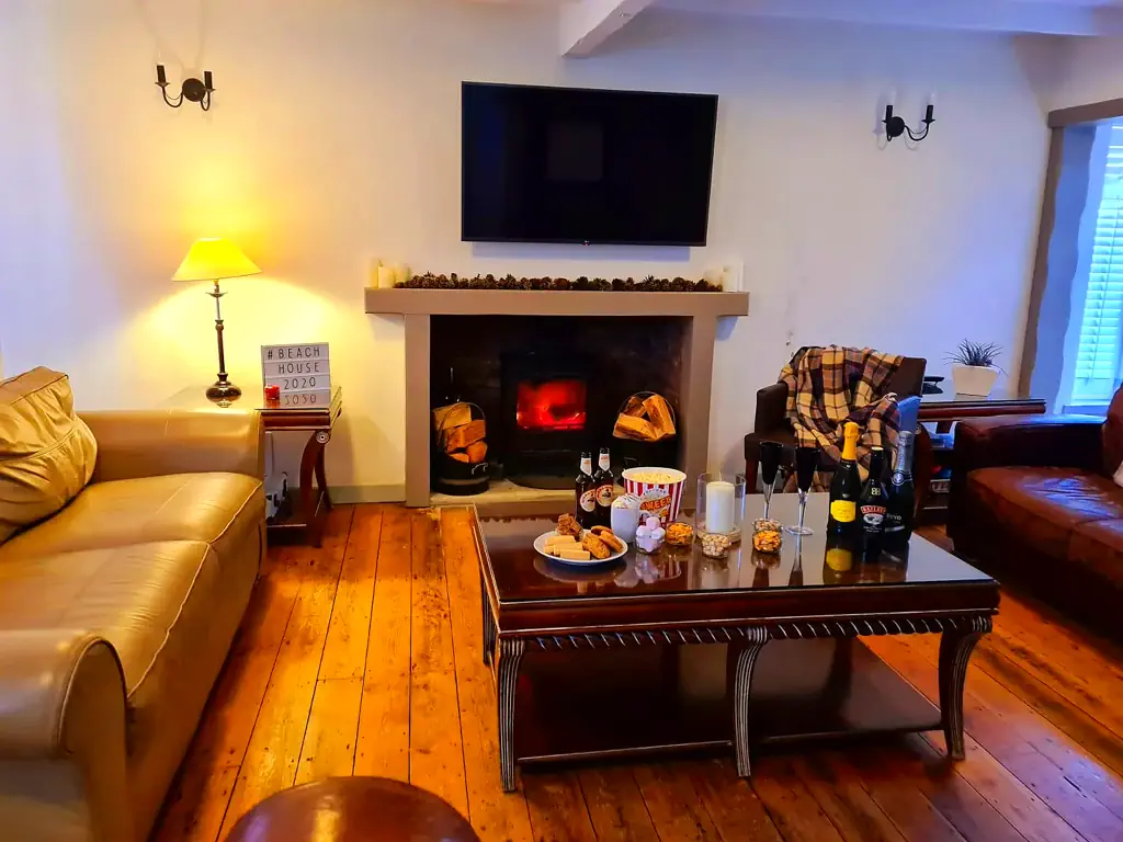 Selsey Beach House Ground Floor Living Room Fireplace and TV 6
